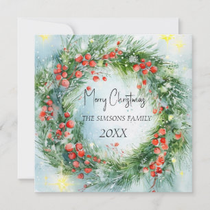 Watercolor Christmas Wreath Winter Greenery Thank You Card