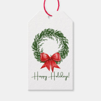 Watercolor Christmas Wreath with Bow Gift Tag 
