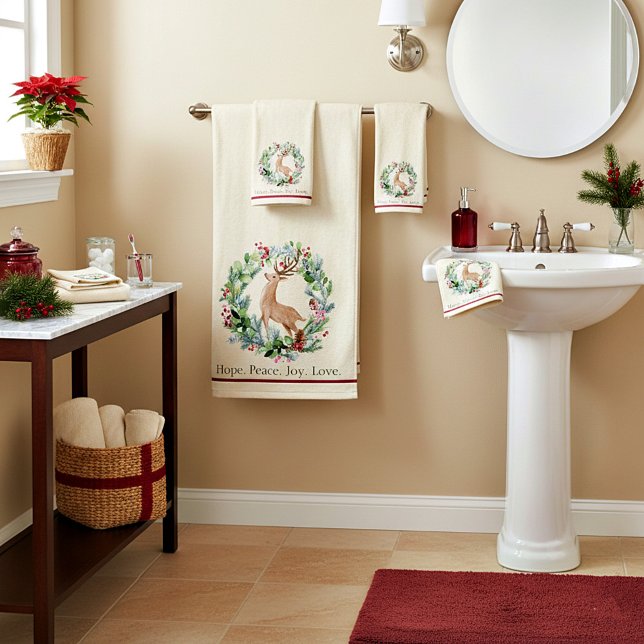 Watercolor Christmas wreath with deer custom  Bath Towel Set (Creator Uploaded)