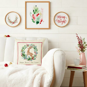 Watercolor Christmas wreath with deer custom Cushion