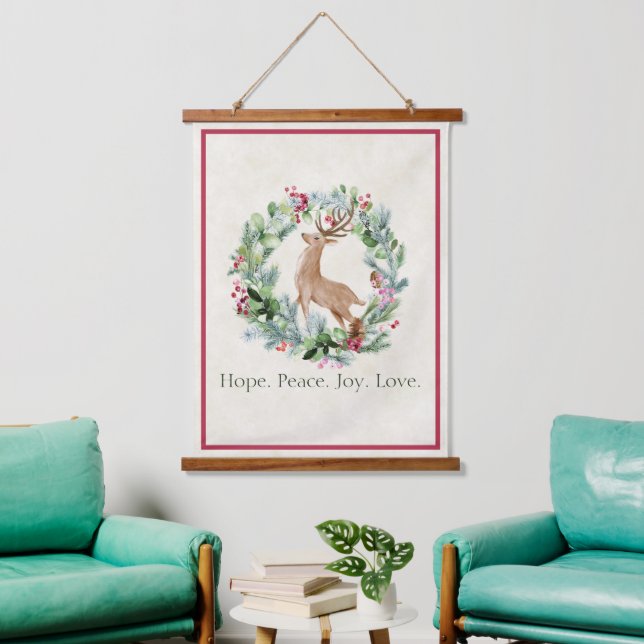 Watercolor Christmas wreath with deer custom  Hanging Tapestry (Living Room)