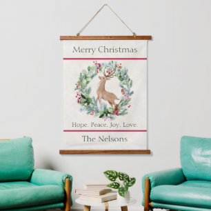 Watercolor Christmas wreath with deer custom   Hanging Tapestry