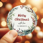 Watercolor Christmas Wreath with love from Classic Round Sticker<br><div class="desc">Festive watercolor wreath Merry Christmas Stickers Gift Tags. Click the edit/personalise button to customise this design with your text.</div>
