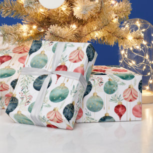 Watercolor Christmas Xmas Tree Ornaments Pattern  Wrapping Paper