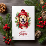 Watercolor Christmas Yellow Labrador Dog Holiday Card<br><div class="desc">Sweet watercolor style illustration of an adorable Yellow Labrador dog wearing a red scarf and hat on a background of christmas greenery.</div>