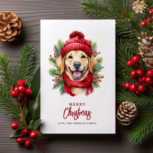 Watercolor Christmas Yellow Labrador Dog Holiday Card (Creator Uploaded)