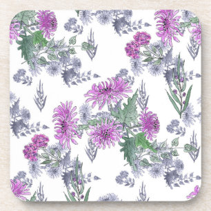 Watercolor chrysanthemum pink small flowers green coaster