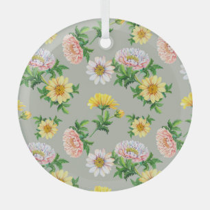 Watercolor chrysanthemums, seamless floral pattern glass tree decoration