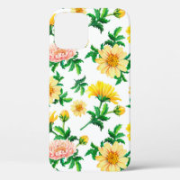 Watercolor chrysanthemums. Yellow flowers with gre