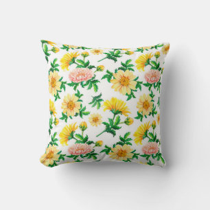 Watercolor chrysanthemums. Yellow flowers with gre Cushion