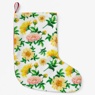 Watercolor chrysanthemums. Yellow flowers with gre Small Christmas Stocking