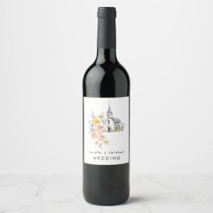 Watercolor Church Floral Wedding Wine Labels