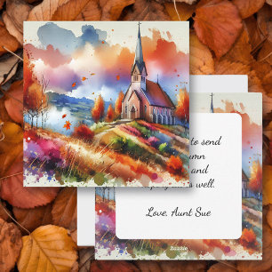 Watercolor Church on a Fall Day   Autumn Blessings Holiday Card