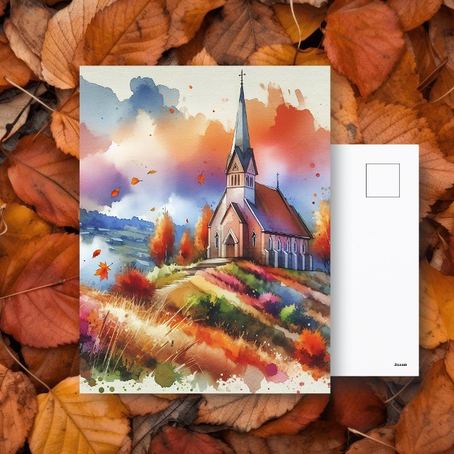 Watercolor Church on a Fall Day | Autumn Blessings Postcard (Creator Uploaded)