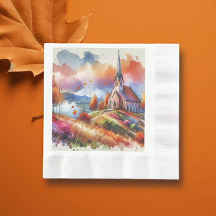 Watercolor Church on a Fall Day Napkin