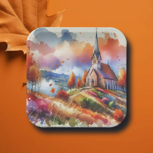 Watercolor Church on a Fall Day Paper Plate