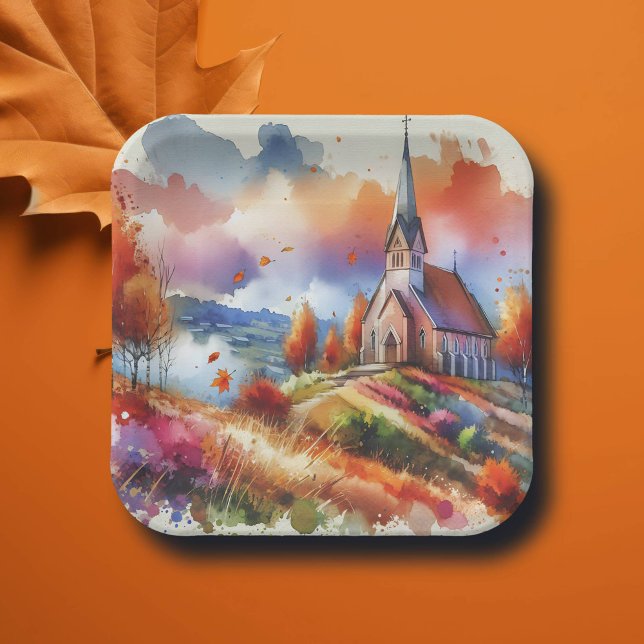 Watercolor Church on a Fall Day Paper Plate (Creator Uploaded)