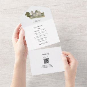 Watercolor Church Traditional Monogram Wedding All In One Invitation