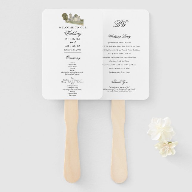 Watercolor Church Traditional Monogram Wedding Hand Fan (Front and Back)