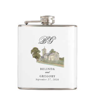 Watercolor Church Traditional Monogram Wedding Hip Flask