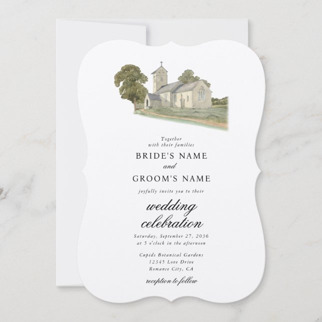 Watercolor Church Traditional Monogram Wedding Invitation (Front)