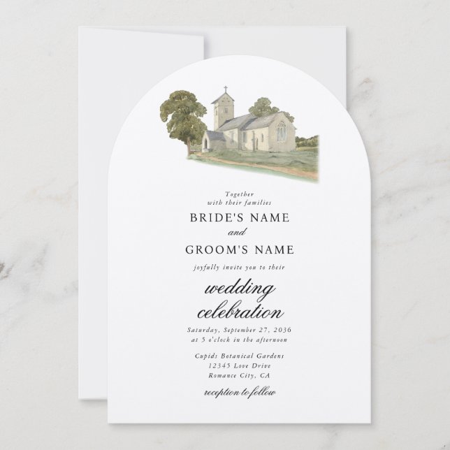 Watercolor Church Traditional Monogram Wedding Invitation (Front)