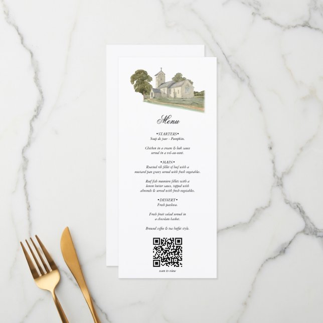 Watercolor Church Traditional Monogram Wedding Menu (Front/Back In Situ)