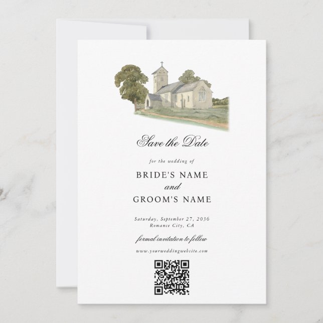 Watercolor Church Traditional Monogram Wedding Save The Date (Front)