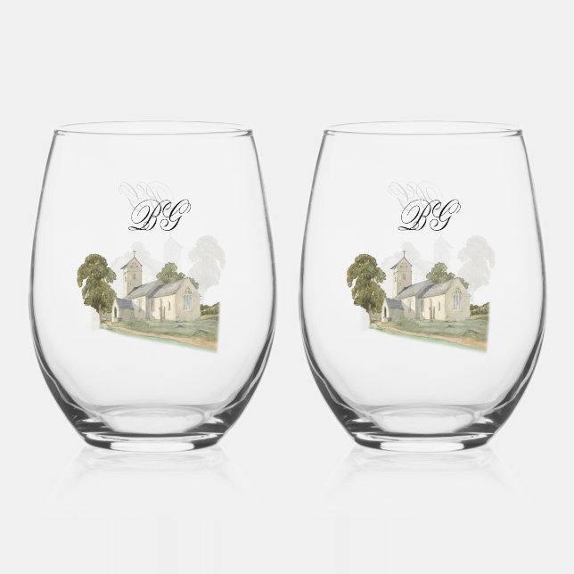 Watercolor Church Traditional Monogram Wedding Stemless Wine Glass (Front)
