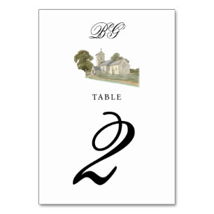 Watercolor Church Traditional Monogram Wedding Table Number