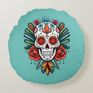 Watercolor Cinco De Mayo Colourful Sugar Skull Round Cushion