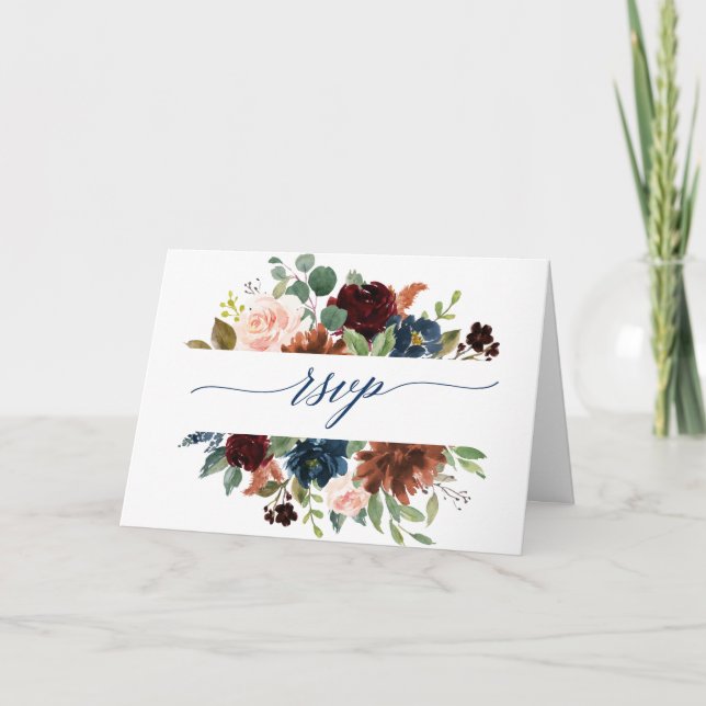 Watercolor Cinnamon Navy Blush Floral RSVP Card (Front)