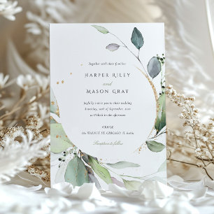 Watercolor Circle Green Gold Foliage Wedding Invitation