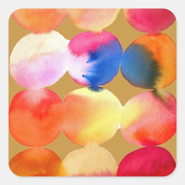 Watercolor circle pattern abstract art warm colour square sticker (Front)