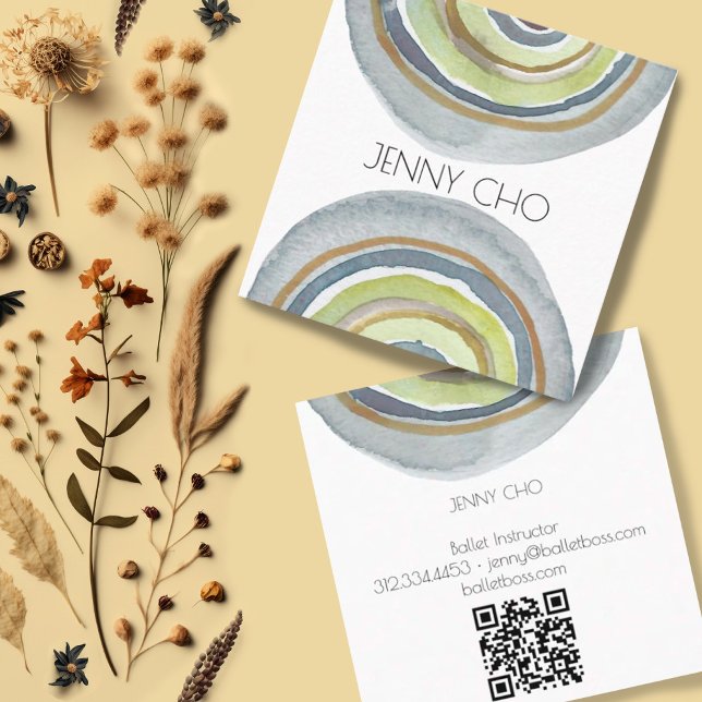 Watercolor Circles Abstract Minimalist Neutral QR  Square Business Card (Watercolor rings minimalist design business cards with custom QR code)
