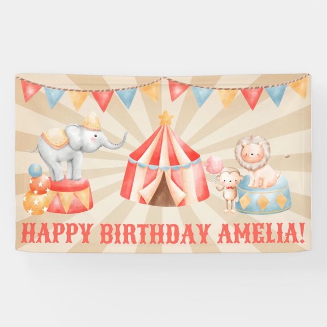Watercolor Circus Animals Birthday Banner (Horizontal)