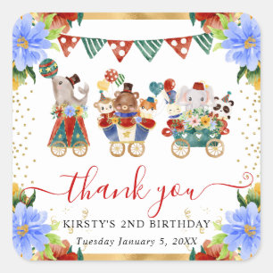 Watercolor Circus Animals Train Floral Birthday Square Sticker