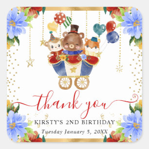 Watercolor Circus Animals Train Floral Birthday Square Sticker