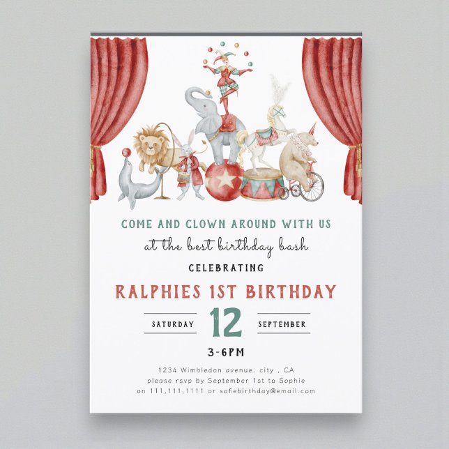 Watercolor Circus Elephant First Birthday Invitation (Creator Uploaded)