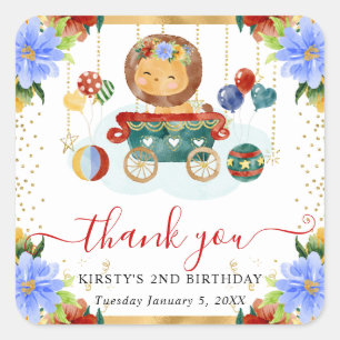 Watercolor Circus Lion Train Floral Birthday Square Sticker