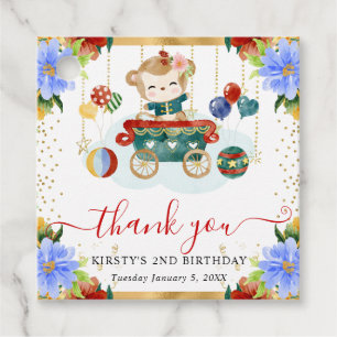 Watercolor Circus Monkey Train Floral Birthday Favour Tags