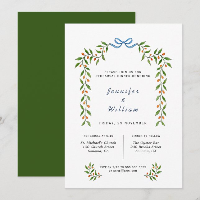 Watercolor Citrus and greenery Rehearsal Dinner  Announcement (Front/Back)