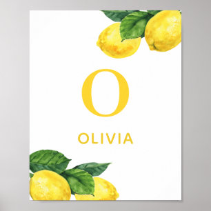 Watercolor citrus baby monogram. Lemon nursery  Poster