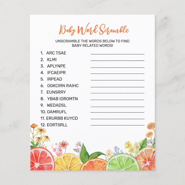 Watercolor Citrus Baby Shower Word Scramble Game (Front)