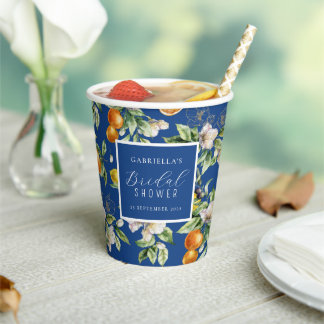 Watercolor Citrus Botanical Bridal Shower Blue Paper Cups