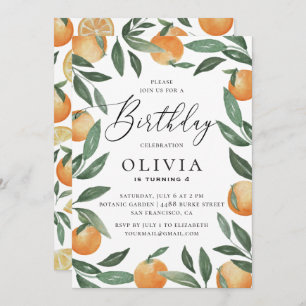 Watercolor citrus floral garden kids birthday invitation