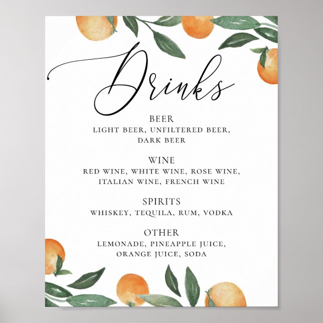 Watercolor citrus floral garden wedding drinks bar poster (Front)