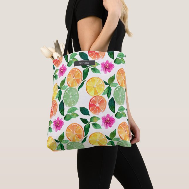 Watercolor Citrus Fruit Floral Pattern Tote Bag (Close Up)