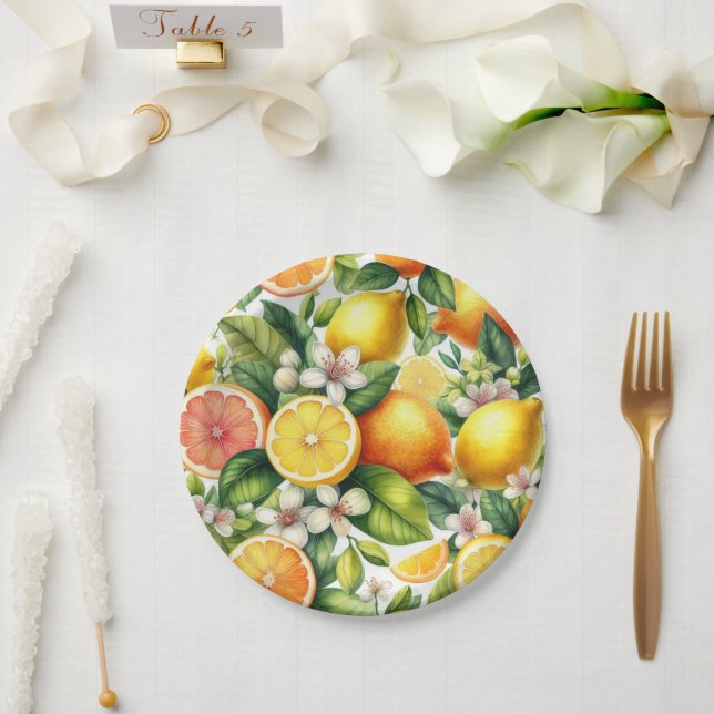 Watercolor Citrus Fruit Pattern Paper Plate (Wedding)