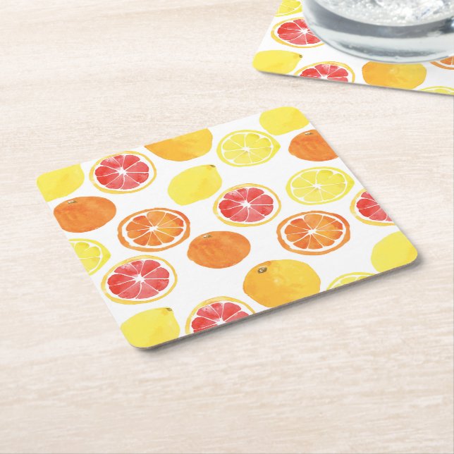 Watercolor Citrus Fruit Pattern Square Paper Coaster (Angled)